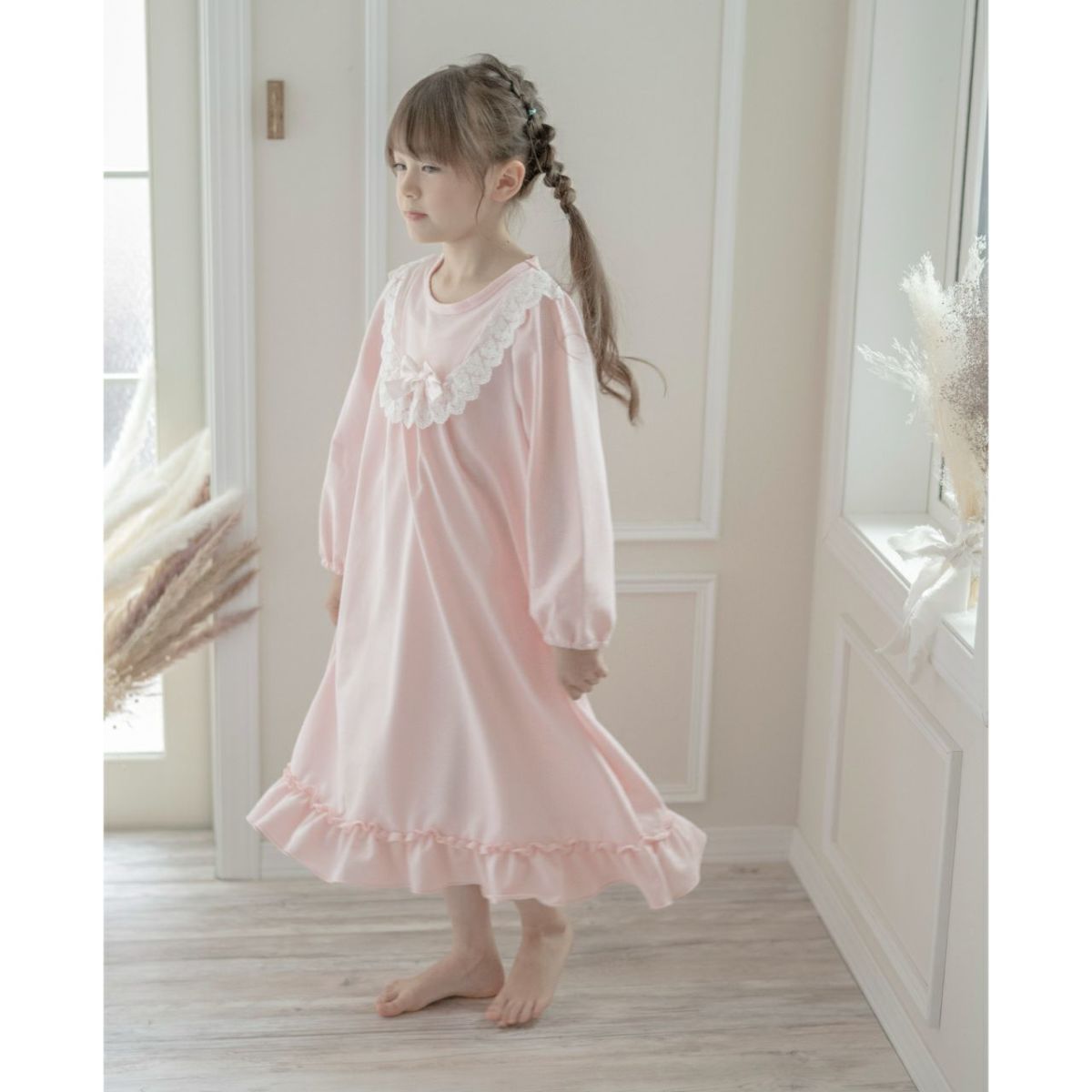 やわらか裏毛のヨークレースネグリジェ長袖パジャマキッズ女の子ルームウェアカジュアル