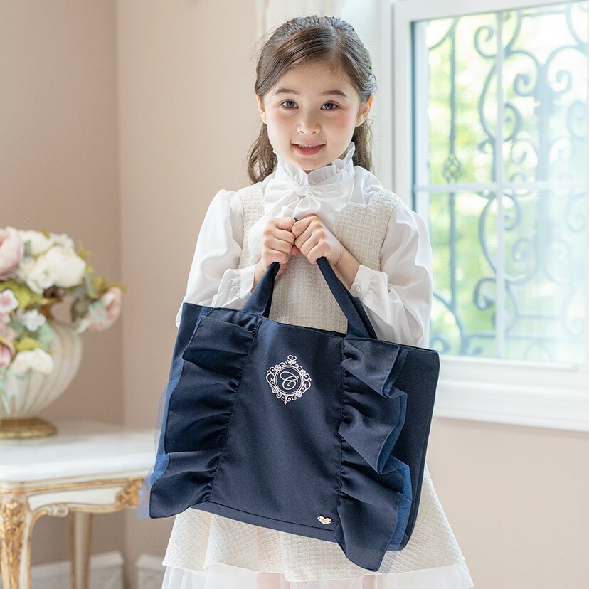イニシャル刺繍入りフリルレッスンバッグスクールレッスンバッグマチあり手提げバッグフォーマルに合うバッグ