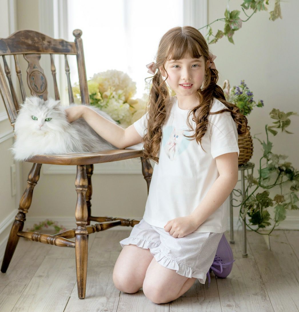 キッズTシャツデコレーションプリント半袖Tシャツ女の子無地白YUP12