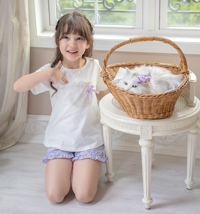 キッズTシャツデコレーションプリント半袖Tシャツ女の子無地白YUP12