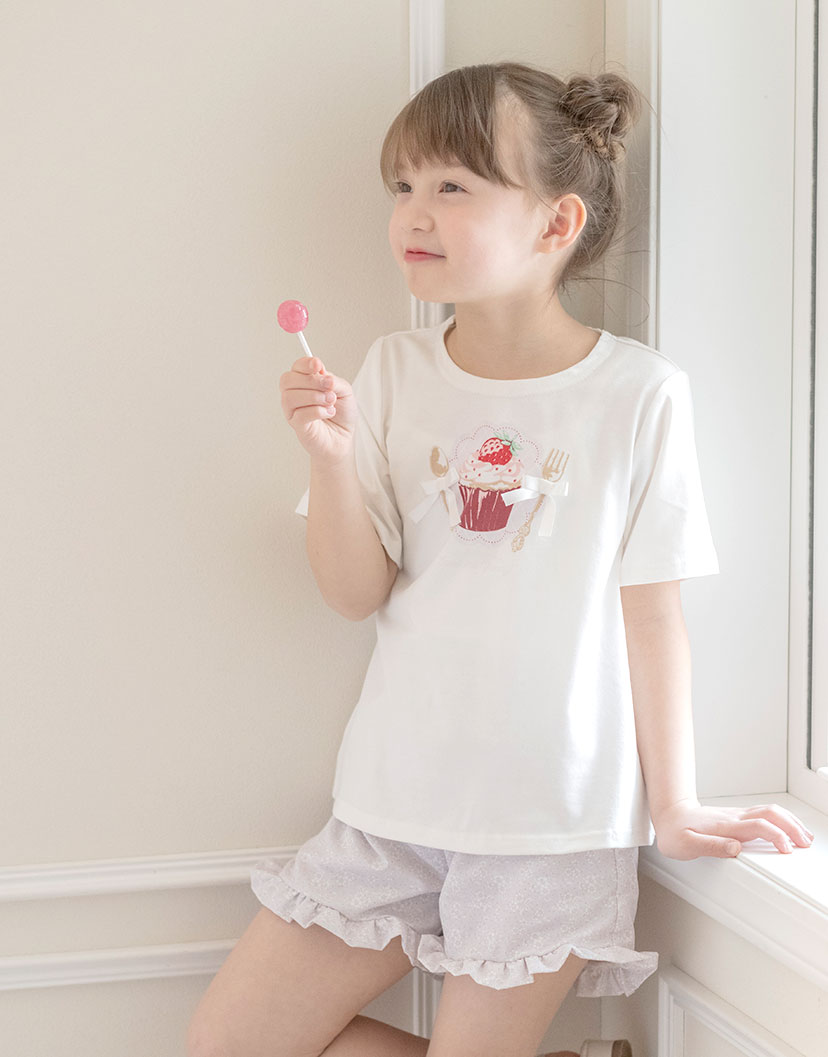 キッズTシャツデコレーションプリント半袖Tシャツ女の子無地白YUP12