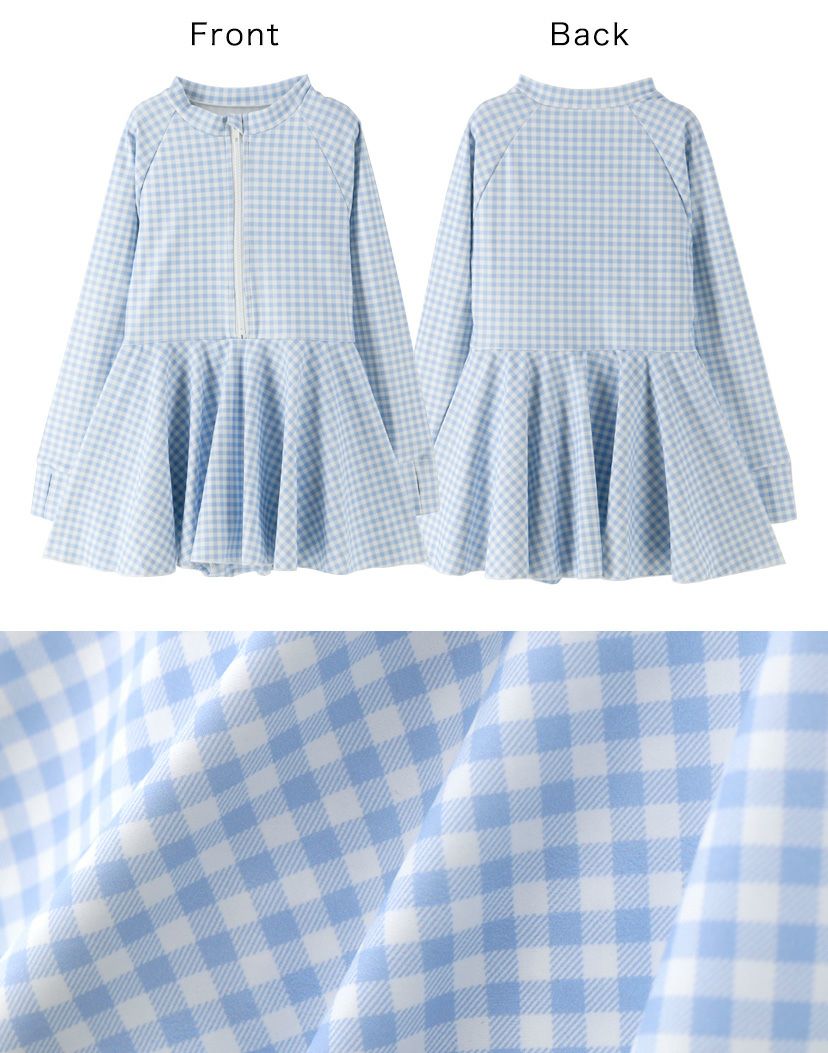 キッズ女の子水着肩フリルフレアワンピース型インナーパンツ付きギンガムチェック水着