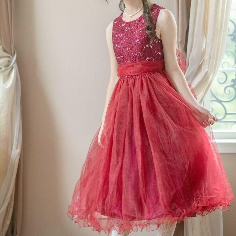 子供ドレスコスパ重視派のスパンコールレースチュールドレスキッズドレス