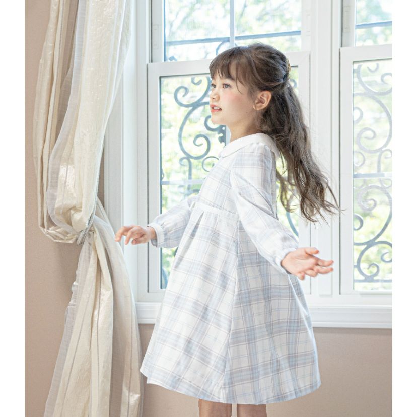 卒園式卒業式女の子ワンピース長袖白襟チェック柄オケージョンワンピースベージュ水色フォーマル女子スーツきちんとワンピース