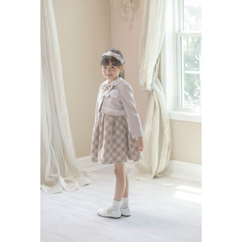 入学式女の子スーツ丸襟チェックワンピース＆ノーカラーボレロアンサンブルセットアップ白ベージュ水色フォーマル女子スーツ