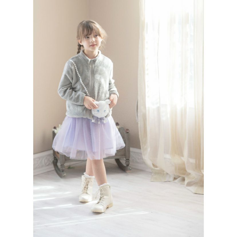 白猫ポシェットフリースブルゾンジップアップジャケットキッズ女の子カジュアルアウター