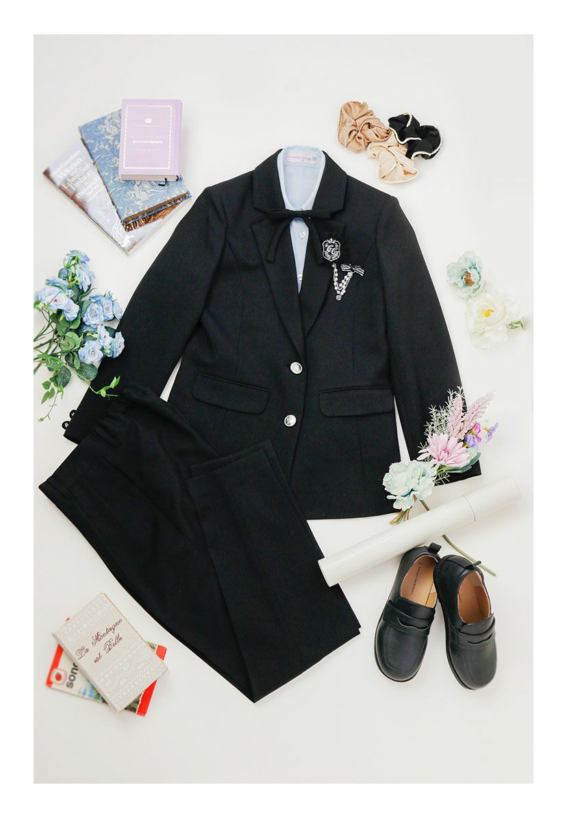 卒業式 女の子 ハンサムブラックロングパンツスーツセット