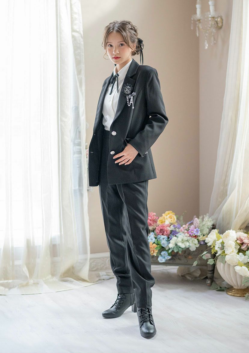 卒業式 女の子 ハンサムブラックロングパンツスーツセット