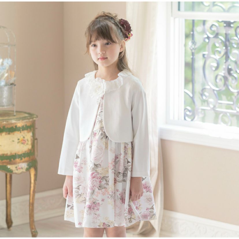 入学式花柄ワンピース＆レース襟ボレロセットアップ女の子スーツ