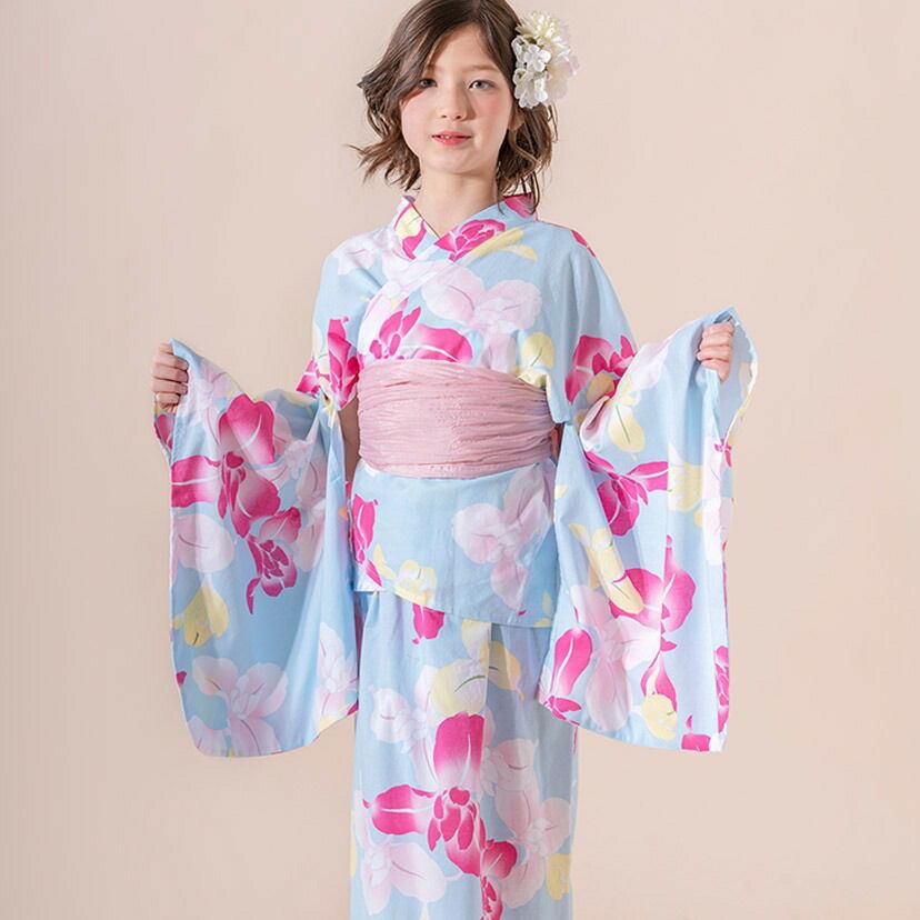 キャサリンオリジナル和柄2ピース浴衣セット【ワンピース+上衣】子供浴衣のアヤメ水色