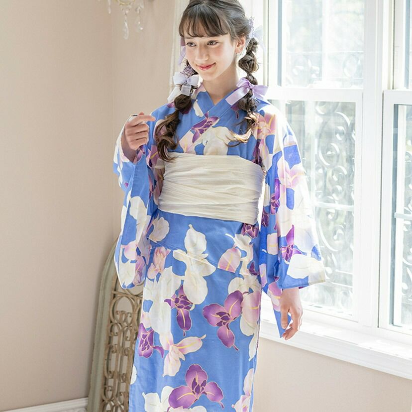 キャサリンオリジナル和柄2ピース浴衣セット【ワンピース+上衣】子供浴衣のアヤメ空色