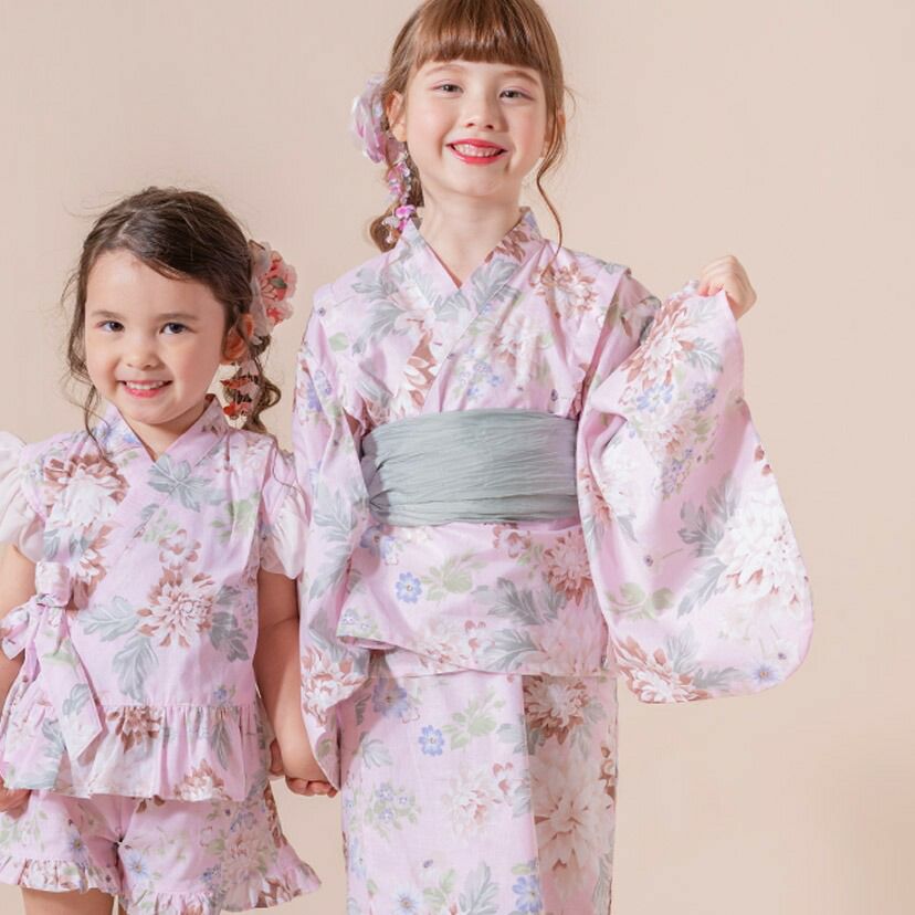 キャサリンオリジナル和柄2ピース浴衣セット【ワンピース+上衣】子供浴衣のピンク花柄