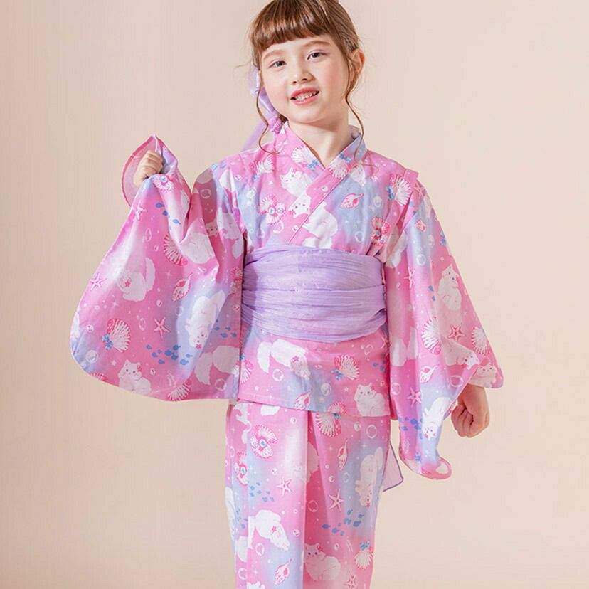 キャサリンオリジナル和柄2ピース浴衣セット【ワンピース+上衣】子供浴衣のマリン柄ピンク