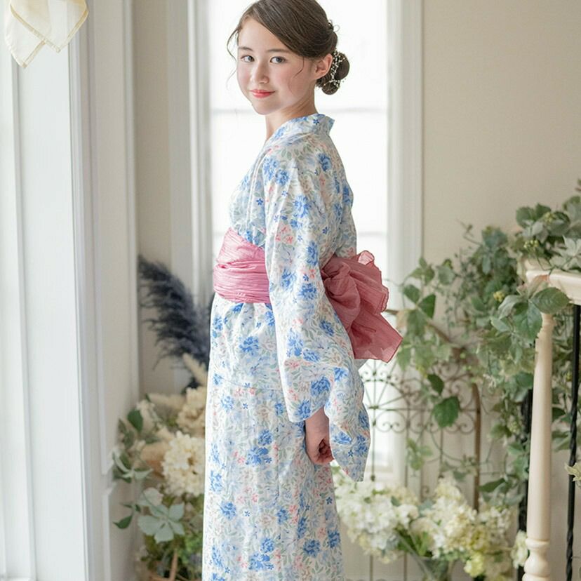 キャサリンオリジナル和柄2ピース浴衣セット【ワンピース+上衣】子供浴衣のピオニー白