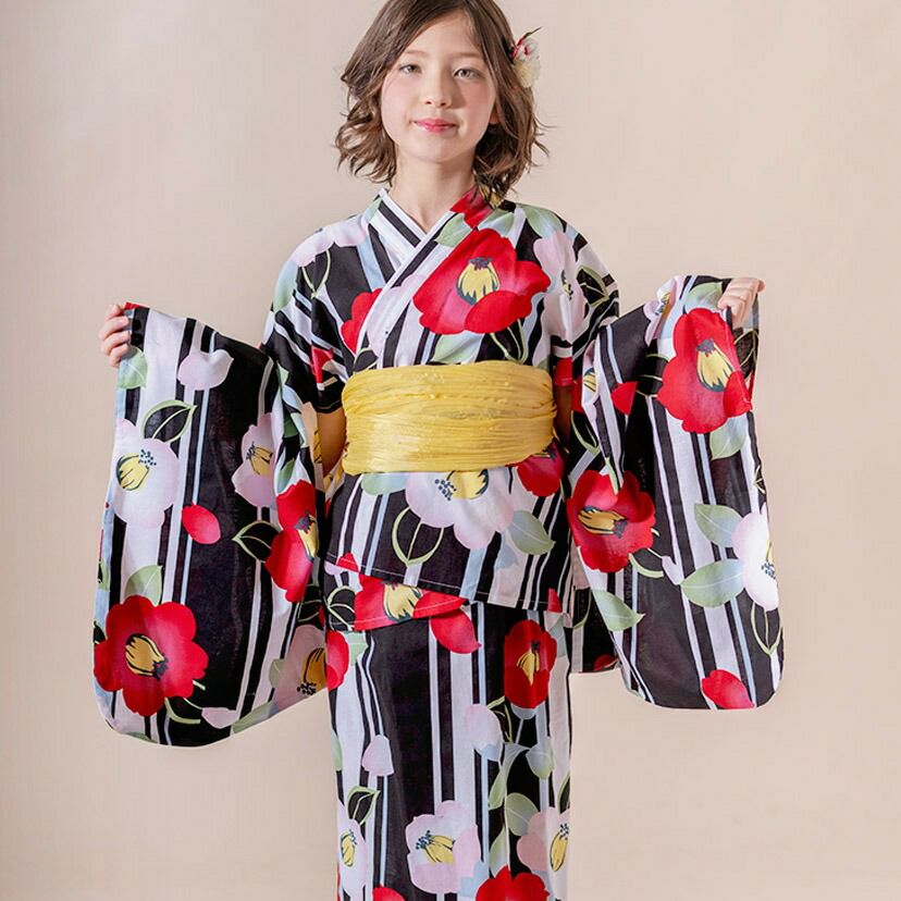 キャサリンオリジナル和柄2ピース浴衣セット【ワンピース+上衣】子供浴衣のモダン縞椿