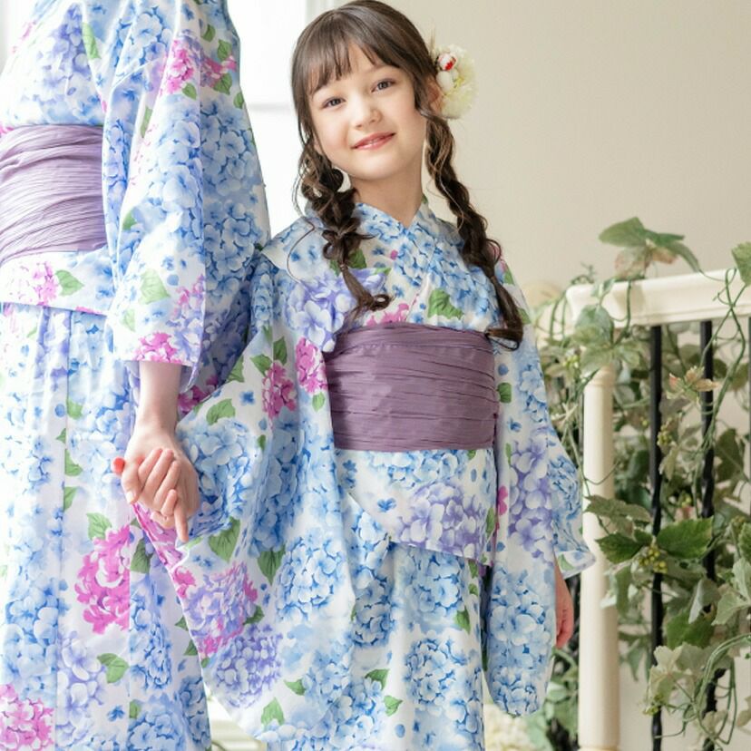 キャサリンオリジナル和柄2ピース浴衣セット【ワンピース+上衣】子供浴衣の無垢紫陽花