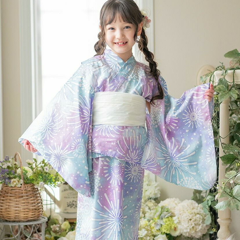 キャサリンオリジナル和柄2ピース浴衣セット【ワンピース+上衣】子供浴衣の水彩花火