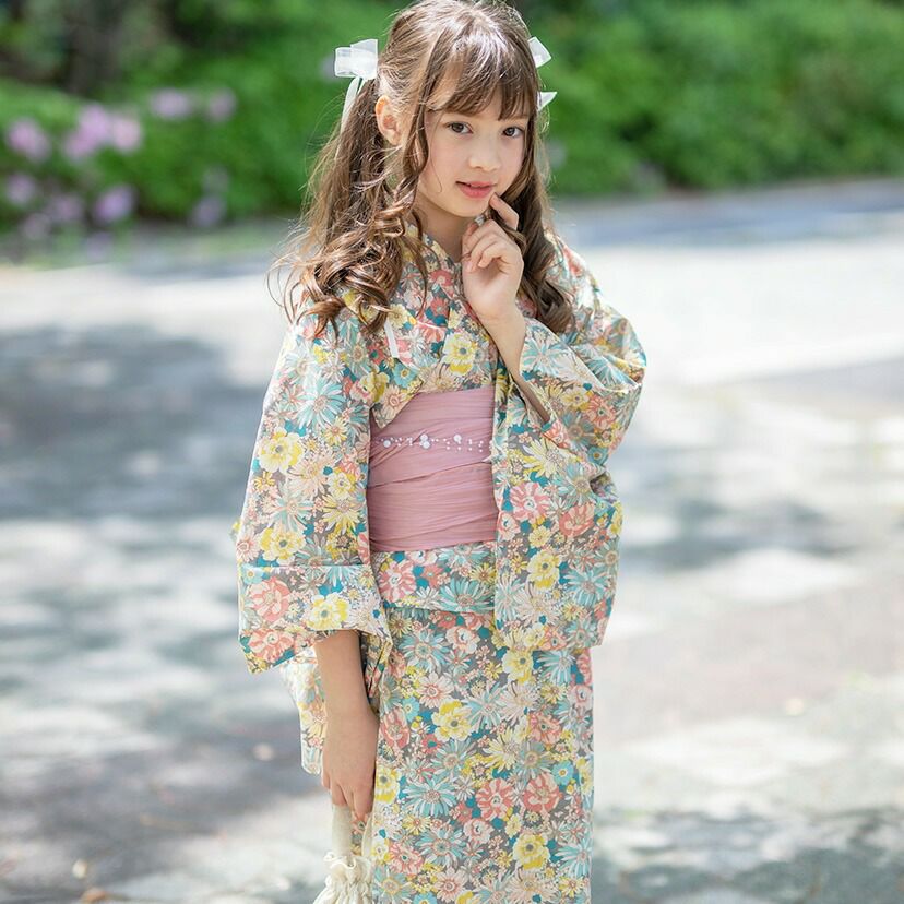 キャサリンオリジナル和柄2ピース浴衣セット【ワンピース+上衣】子供浴衣の花柄パウダーピンク