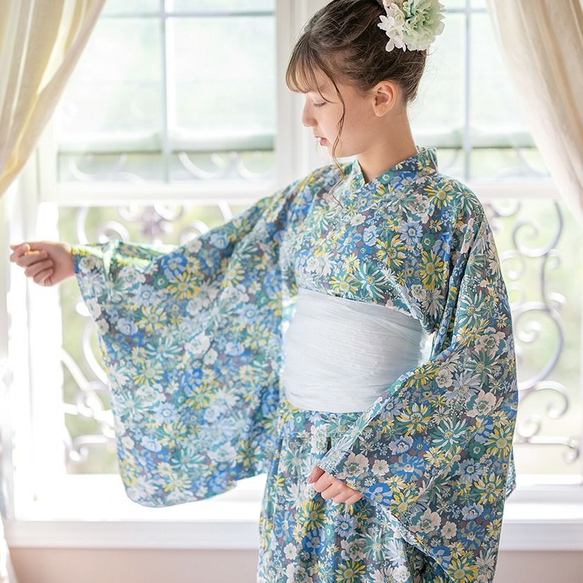 キャサリンオリジナル和柄2ピース浴衣セット【ワンピース+上衣】子供浴衣の花柄パウダーブルー