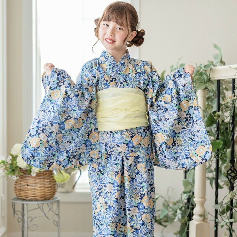 キャサリンオリジナル和柄2ピース浴衣セット【ワンピース+上衣】子供浴衣の花柄ネイビー