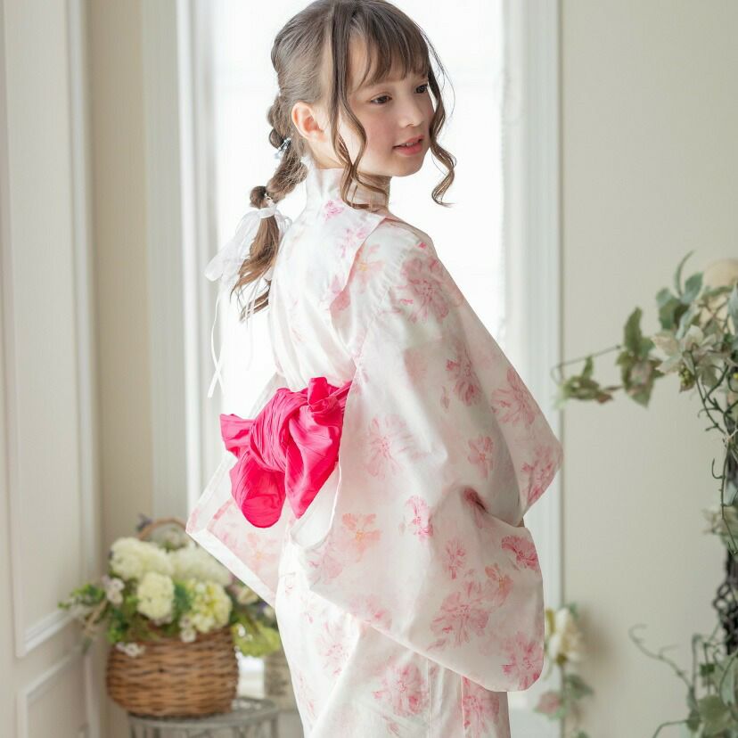 キャサリンオリジナル和柄2ピース浴衣セット【ワンピース+上衣】子供浴衣の水彩花柄ブライトピンク