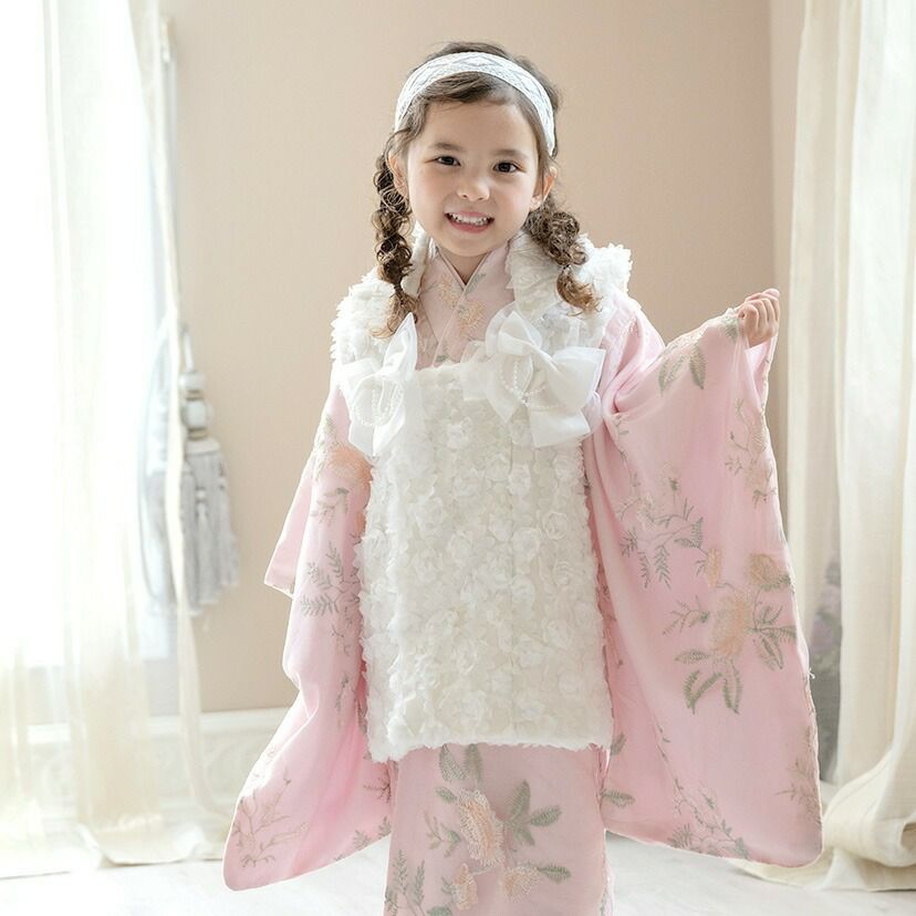 花柄刺繍チュールレース着物とバラ生地被布セット 3才 女の子 七五三 753