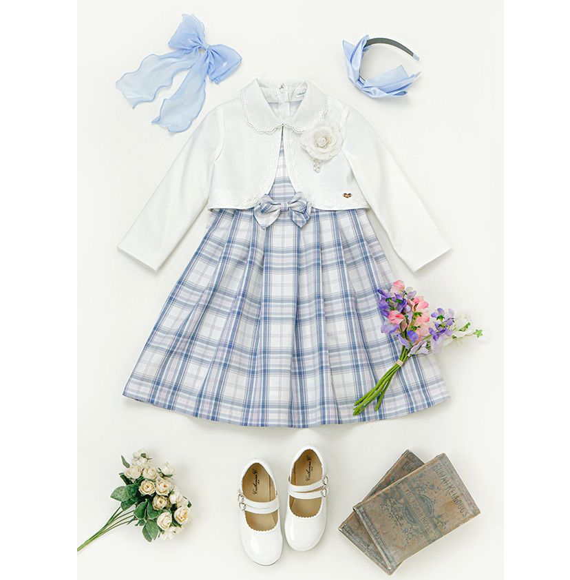 丸襟ワンピースとボレロのアンサンブル 入学式 女の子スーツ セットアップ ベージュ 青 グレー チェック柄 フォーマル コサージュ