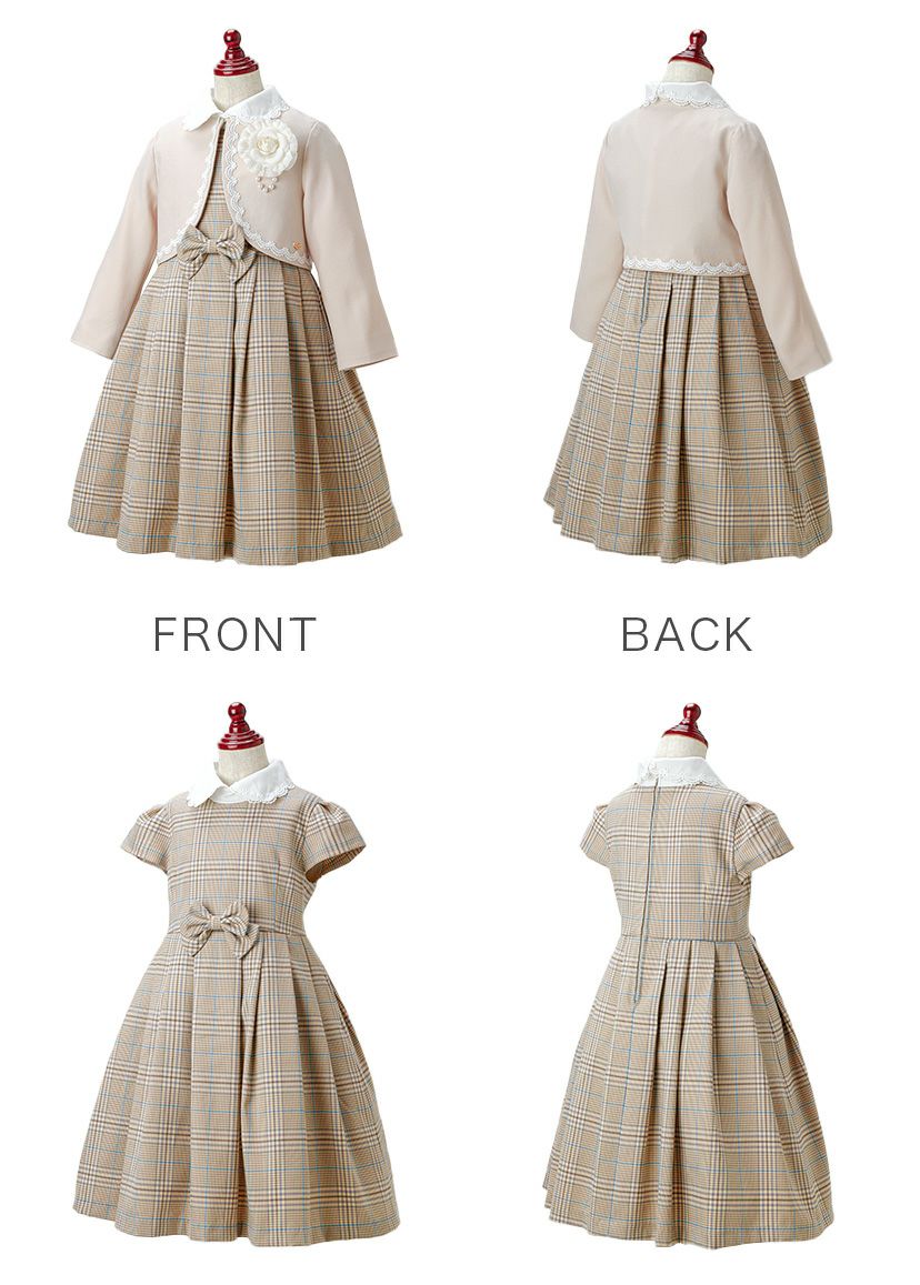 丸襟ワンピースとボレロのアンサンブル 入学式 女の子スーツ セットアップ ベージュ 青 グレー チェック柄 フォーマル コサージュ