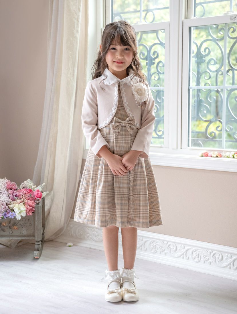 丸襟ワンピースとボレロのアンサンブル 入学式 女の子スーツ セットアップ ベージュ 青 グレー チェック柄 フォーマル コサージュ