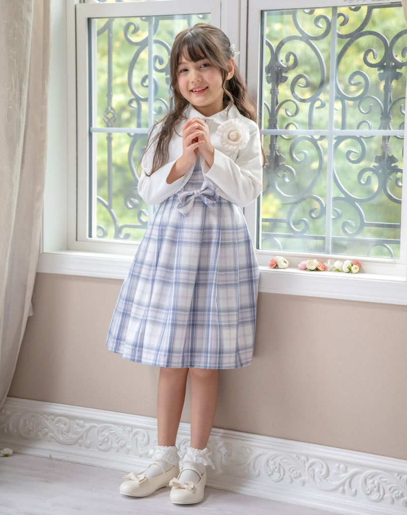 丸襟ワンピースとボレロのアンサンブル 入学式 女の子スーツ セットアップ ベージュ 青 グレー チェック柄 フォーマル コサージュ