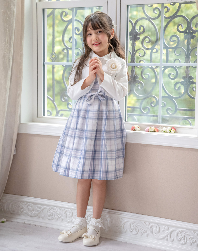 丸襟ワンピースとボレロのアンサンブル 入学式 女の子スーツ セットアップ ベージュ 青 グレー チェック柄 フォーマル コサージュ