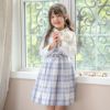 丸襟ワンピースとボレロのアンサンブル 入学式 女の子スーツ セットアップ ベージュ 青 グレー チェック柄 フォーマル コサージュ