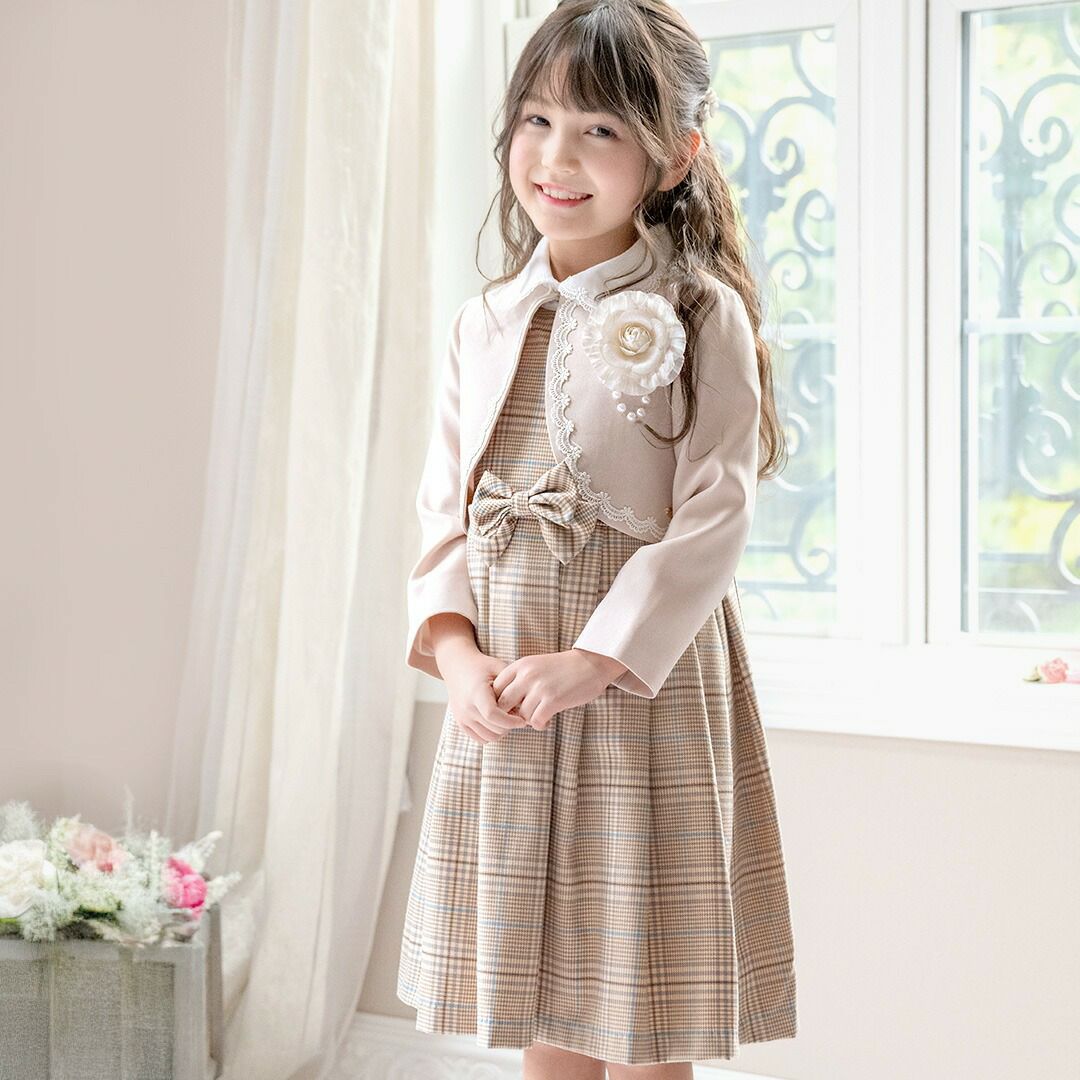 丸襟ワンピースとボレロのアンサンブル 入学式 女の子スーツ セットアップ ベージュ 青 グレー チェック柄 フォーマル コサージュ