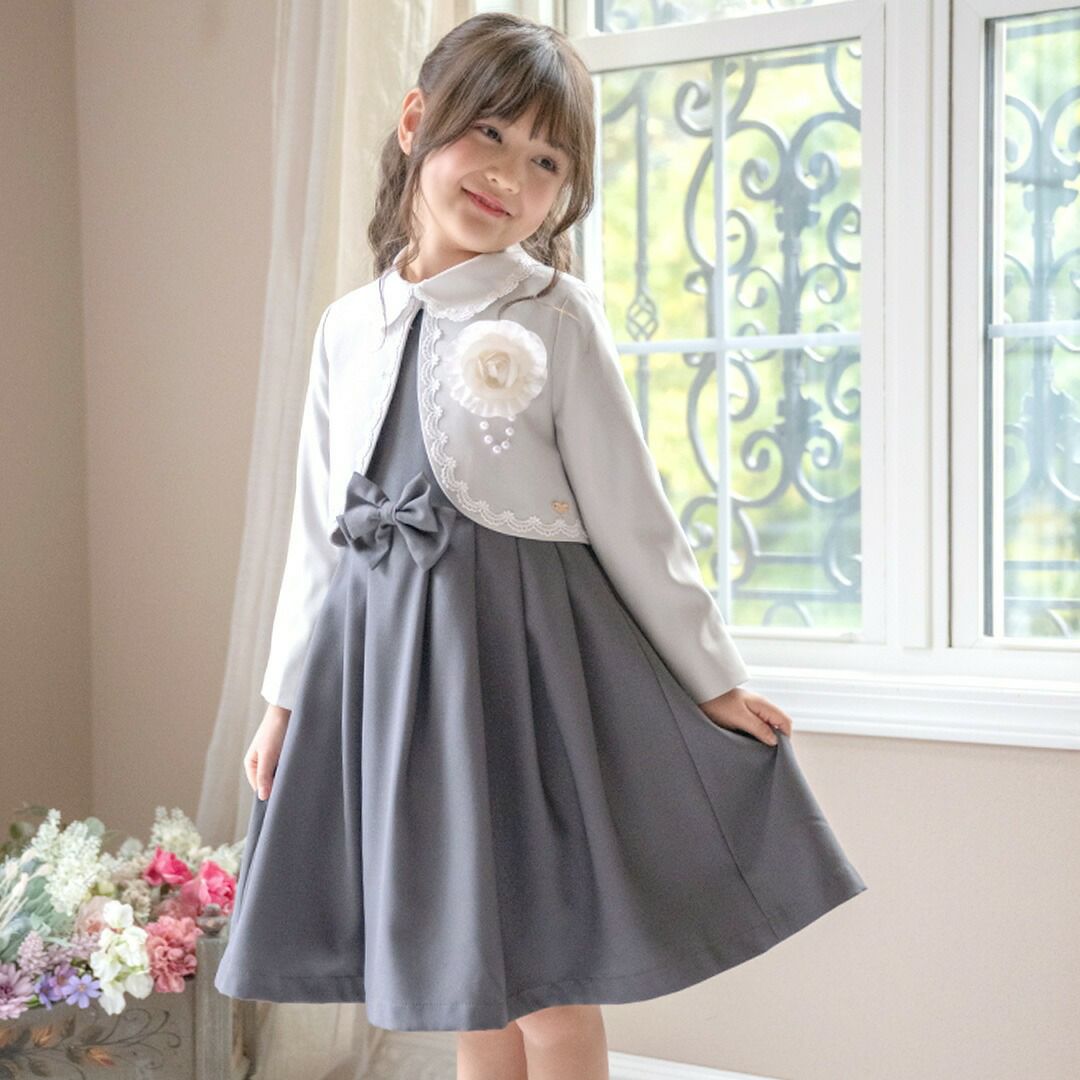 丸襟ワンピースとボレロのアンサンブル 入学式 女の子スーツ セットアップ ベージュ 青 グレー チェック柄 フォーマル コサージュ