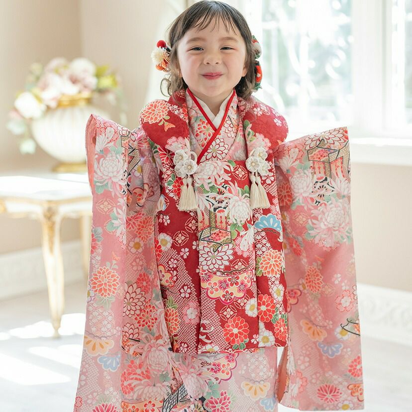 花柄織入り花柄生地着物ワンピース＆同柄被布セット